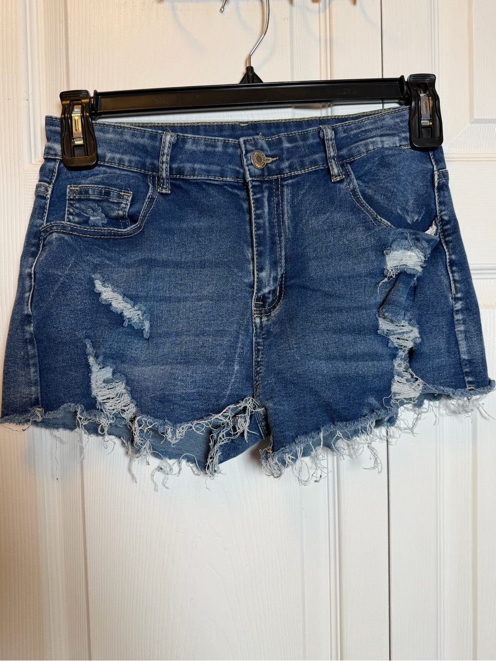 SHEIN Distressed Denim Shorts Size L 8/10 Blue Raw Hem Stretch